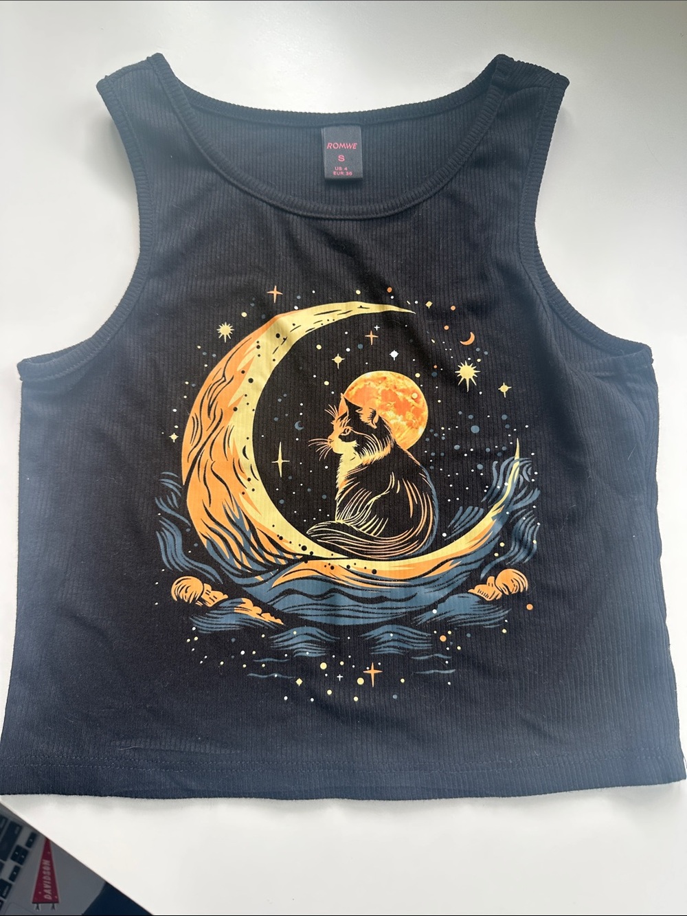 ROMWE Black Tank Top with Yellow Moon & Blue Wave Cat Graphic